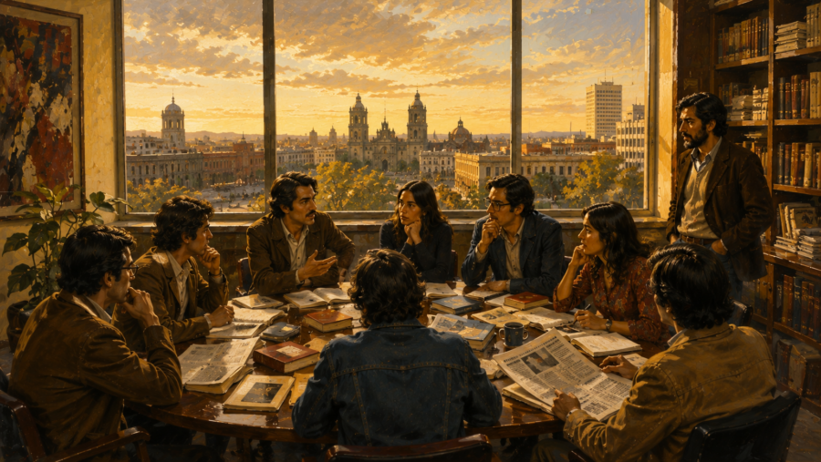 La adopción del eurocomunismo y el fin de la izquierda socialista en México – Ilustración editorial Ilustración conceptual de una reunión de militantes e intelectuales de izquierda en la Ciudad de México durante la década de 1970, representando el debate ideológico y la transición del Partido Comunista Mexicano hacia el eurocomunismo.
